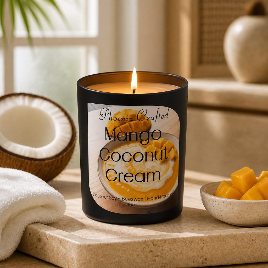 Mango Coconut Cream candle displayed with fresh mango pieces and coconut, showcasing its tropical scent.