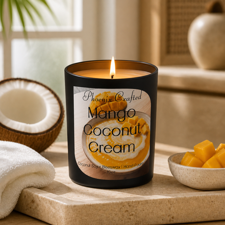 Mango Coconut Cream candle displayed with fresh mango pieces and coconut, showcasing its tropical scent.