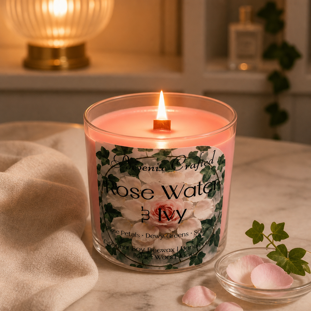 Pink candle in a clear glass jar labeled Rose Water & Ivy with rose and ivy artwork, wooden-wick flame.