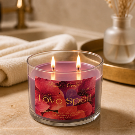 Clear glass jar candle with purple wax and two lit wicks; floral label with gold lettering reading "Love Spell" on a beige countertop.