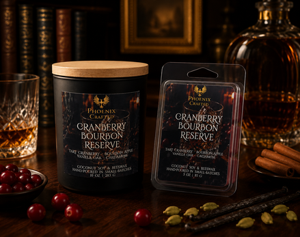 Cranberry Bourbon Reserve candle and matching wax melt gift set by Phoenix Crafted
