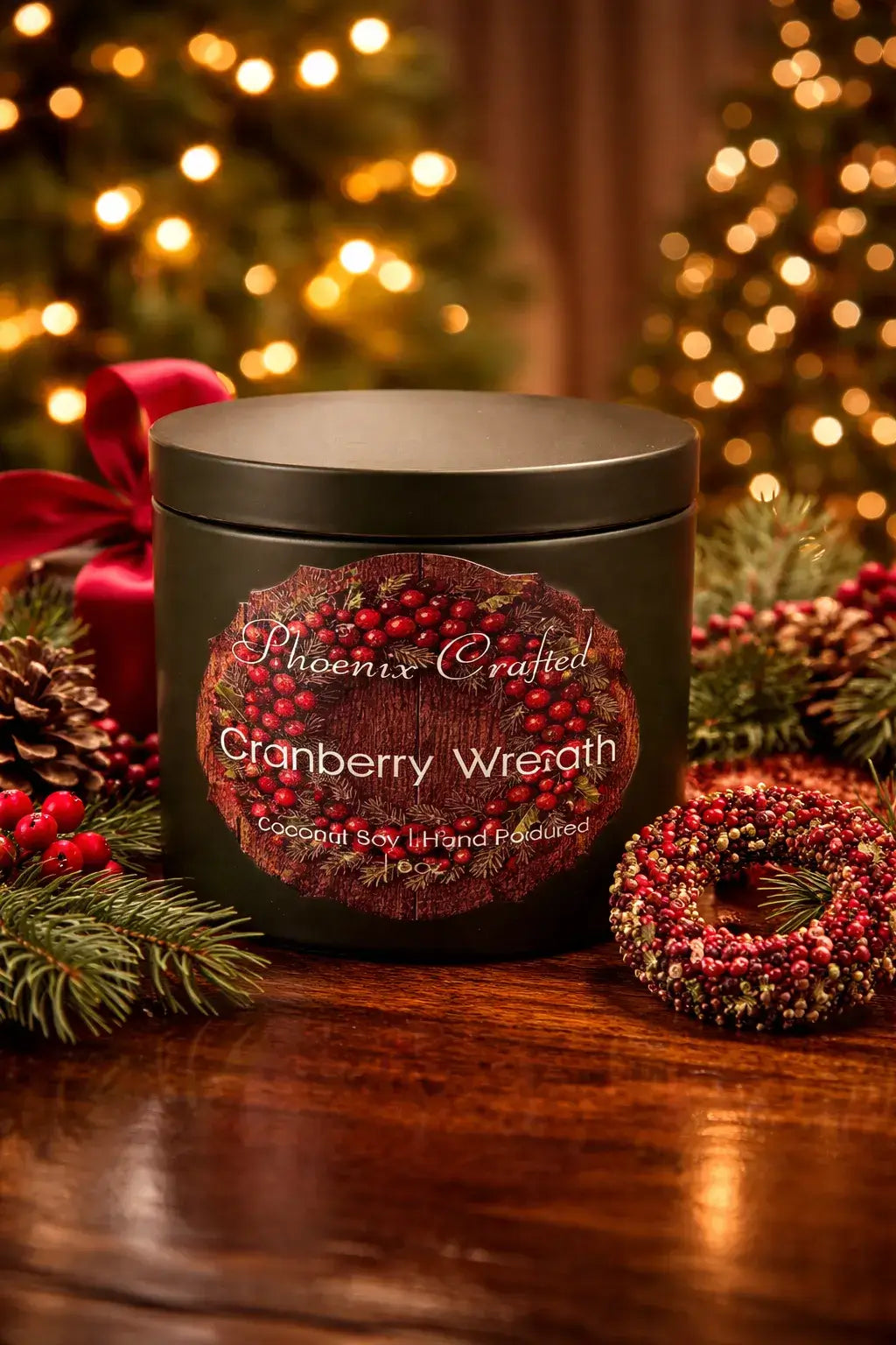Cranberry Wreath Candle displayed among festive decorations, featuring a coconut-soy blend for holiday ambiance.