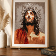 Crown of Mercy Diamond Painting featuring a detailed portrait with shimmering resin diamonds and warm earth tones.
