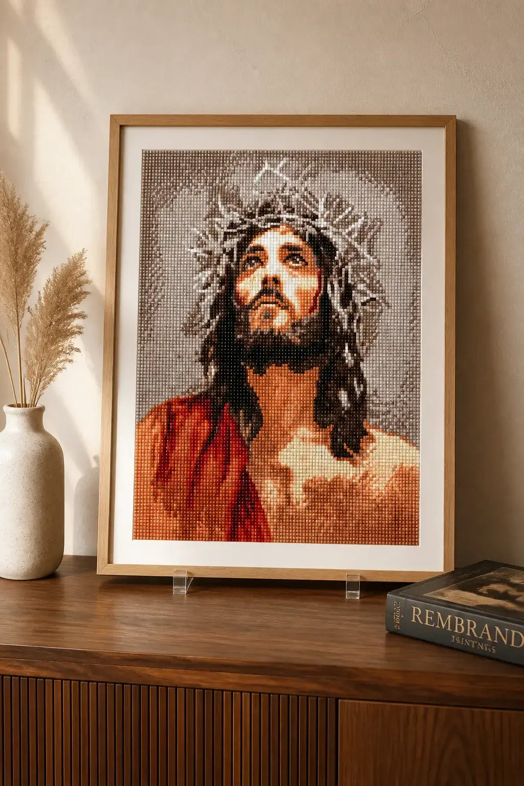 Crown of Mercy Diamond Painting featuring a detailed portrait with shimmering resin diamonds and warm earth tones.