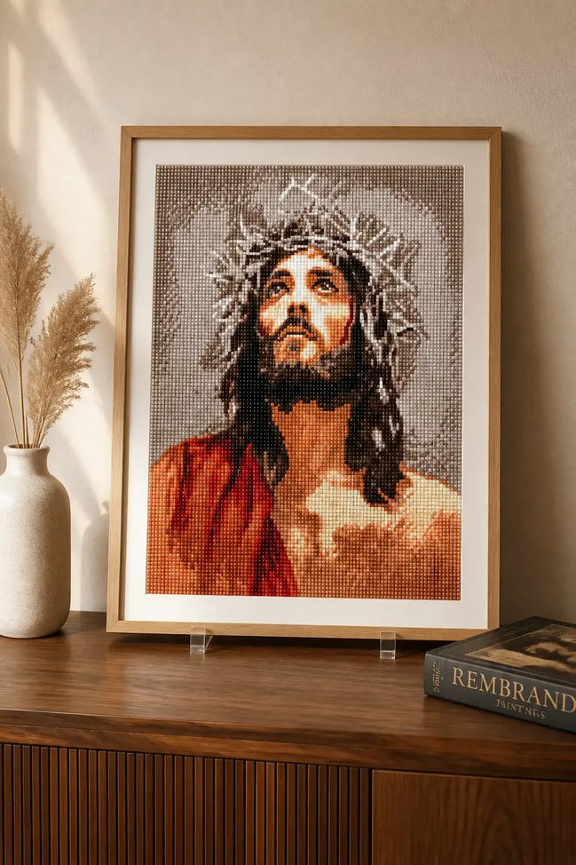 Crown of Mercy Diamond Painting featuring a detailed portrait with shimmering resin diamonds and warm earth tones.