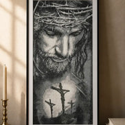 Crown of Thorns & Calvary Diamond Painting capturing a grayscale portrait of Jesus with Calvary in the background.