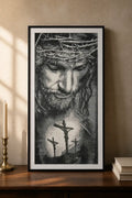 Crown of Thorns & Calvary Diamond Painting capturing a grayscale portrait of Jesus with Calvary in the background.