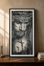 Crown of Thorns & Calvary Diamond Painting capturing a grayscale portrait of Jesus with Calvary in the background.