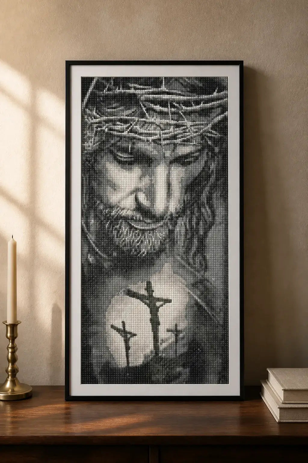 Crown of Thorns & Calvary Diamond Painting capturing a grayscale portrait of Jesus with Calvary in the background.