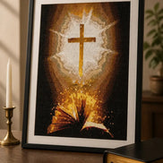 Divine Illumination Diamond Painting featuring a golden cross and an open book with a dark backdrop.
