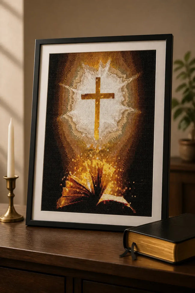 Divine Illumination Diamond Painting featuring a golden cross and an open book with a dark backdrop.