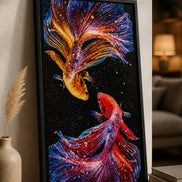Dual Flame Bettas finished diamond artwork shown in a vertical frame mockup; artwork is sold unframed.