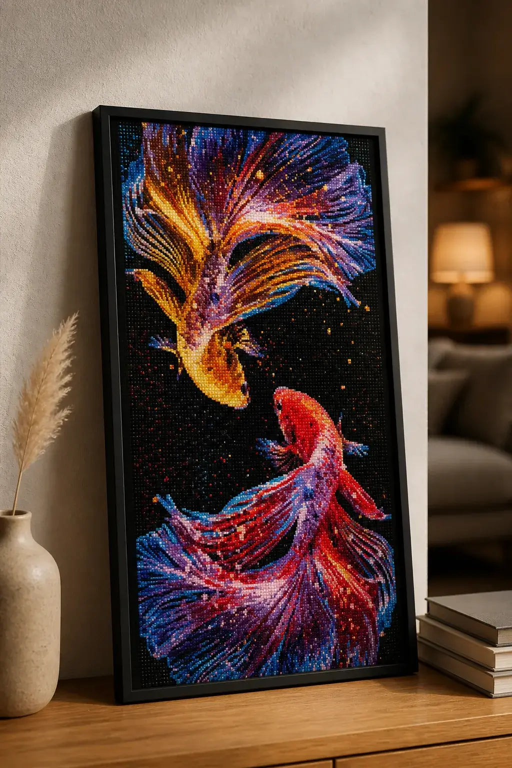 Dual Flame Bettas finished diamond artwork shown in a vertical frame mockup; artwork is sold unframed.