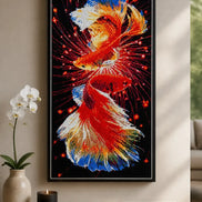 Dueling Betta Splendor finished diamond artwork shown in a frame mockup; artwork is sold unframed.