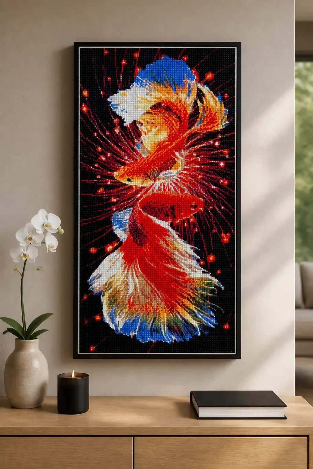 Dueling Betta Splendor finished diamond artwork shown in a frame mockup; artwork is sold unframed.