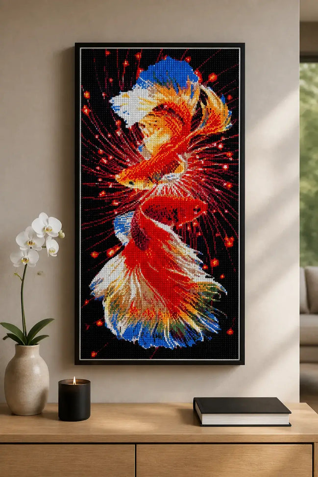 Dueling Betta Splendor finished diamond artwork shown in a frame mockup; artwork is sold unframed.