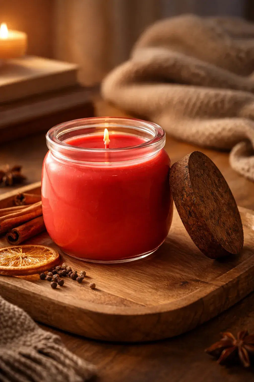Embers of Serenity Candle in a cozy setting with spices and citrus accents, glowing warmly.