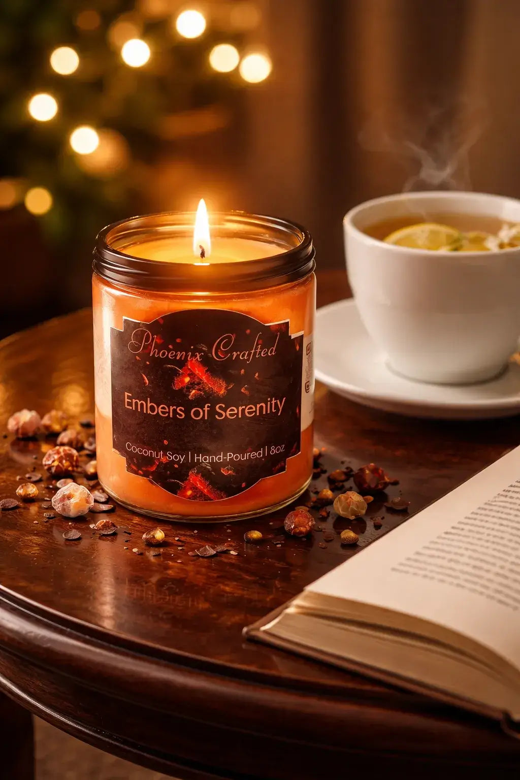 Embers of Serenity Candle burning softly on a table next to a steaming cup and an open book.
