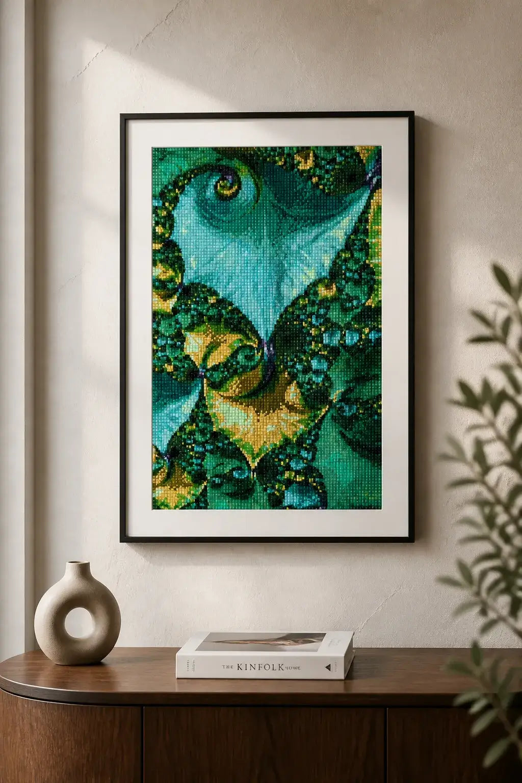 Emerald Spiral Fractal finished diamond artwork shown in a matted frame mockup; artwork is sold unframed.