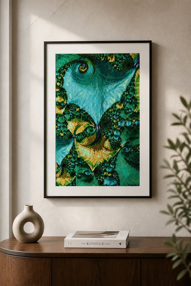 Emerald Spiral Fractal finished diamond artwork shown in a matted frame mockup; artwork is sold unframed.