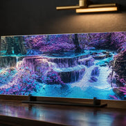 Rectangular diamond painting on a black metal stand showing a purple and blue waterfall mosaic.