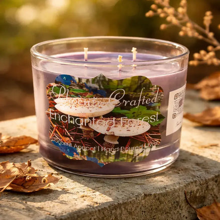 Clear round glass jar candle with lavender wax, three centered wicks, and a scalloped label depicting white mushrooms and the text Enchanted Forest.