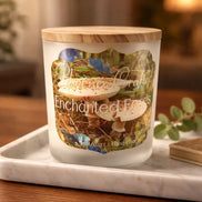 Frosted glass candle jar with round wooden lid labeled 