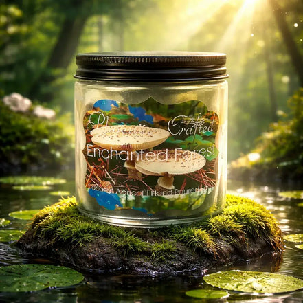 Enchanted Forest Candle in a glass jar, set on mossy stone, surrounded by a serene woodland scene with soft lighting.