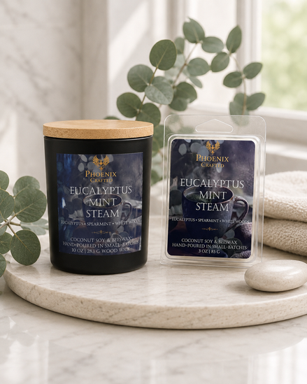 Eucalyptus Mint Steam candle and matching wax melts arranged together as a coordinated Phoenix Crafted gift set.