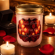 Pale pink candle in a clear jar with screw-top lid labeled 'Falling For You,' surrounded by red rose petals, tealights, and an open ring box on wood.