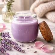 Falling For You Candle in a glass jar with a wooden lid, lavender flowers, and rose petals on a marble surface.