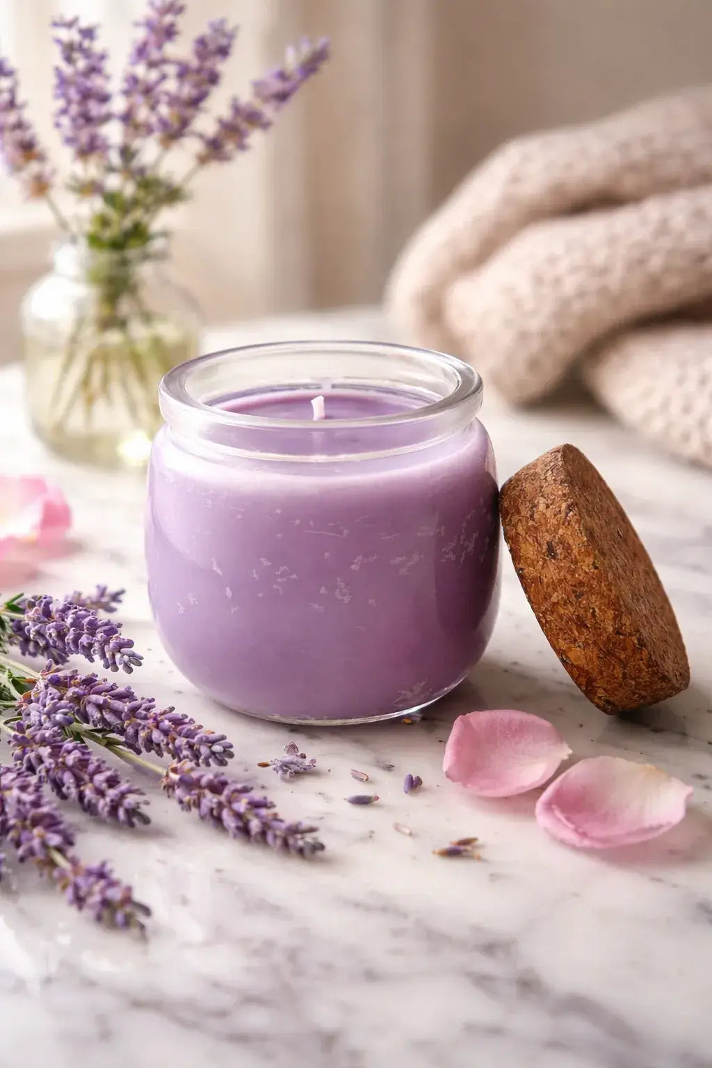 Falling For You Candle in a glass jar with a wooden lid, lavender flowers, and rose petals on a marble surface.