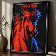 Fire & Frost Stallion Diamond Painting featuring vibrant red and blue stallion in a modern art style.