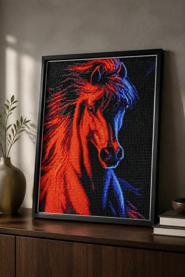 Fire & Frost Stallion Diamond Painting featuring vibrant red and blue stallion in a modern art style.