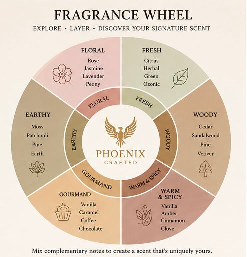 Phoenix Crafted fragrance wheel showing major fragrance families