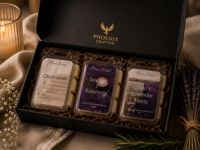 Clean Linen, Linen & Lavender Fields, and Sea Salt & Rosemary wax melts arranged together as the Fresh & Serene discovery set.