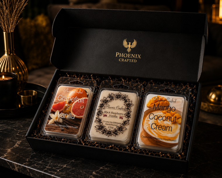 Grapefruit & Vanilla, Mango Coconut Cream, and Black Raspberry Vanilla wax melts arranged together as the Fruity Gourmand discovery set.