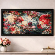 Garden Reverie Diamond Painting displayed in a stylish living room setting with floral decor.