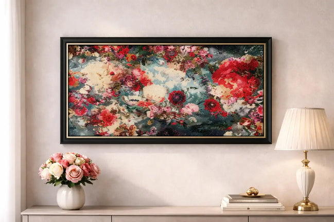 Garden Reverie Diamond Painting displayed in a stylish living room setting with floral decor.