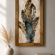 Gathered Feathers Diamond Painting featuring layered feathers in earthy tones and framed for an elegant display.