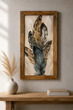 Gathered Feathers Diamond Painting featuring layered feathers in earthy tones and framed for an elegant display.