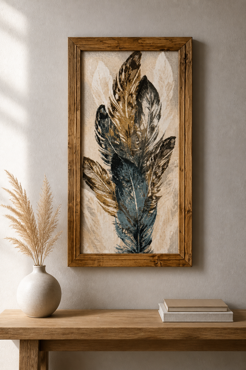 Gathered Feathers Diamond Painting featuring layered feathers in earthy tones and framed for an elegant display.