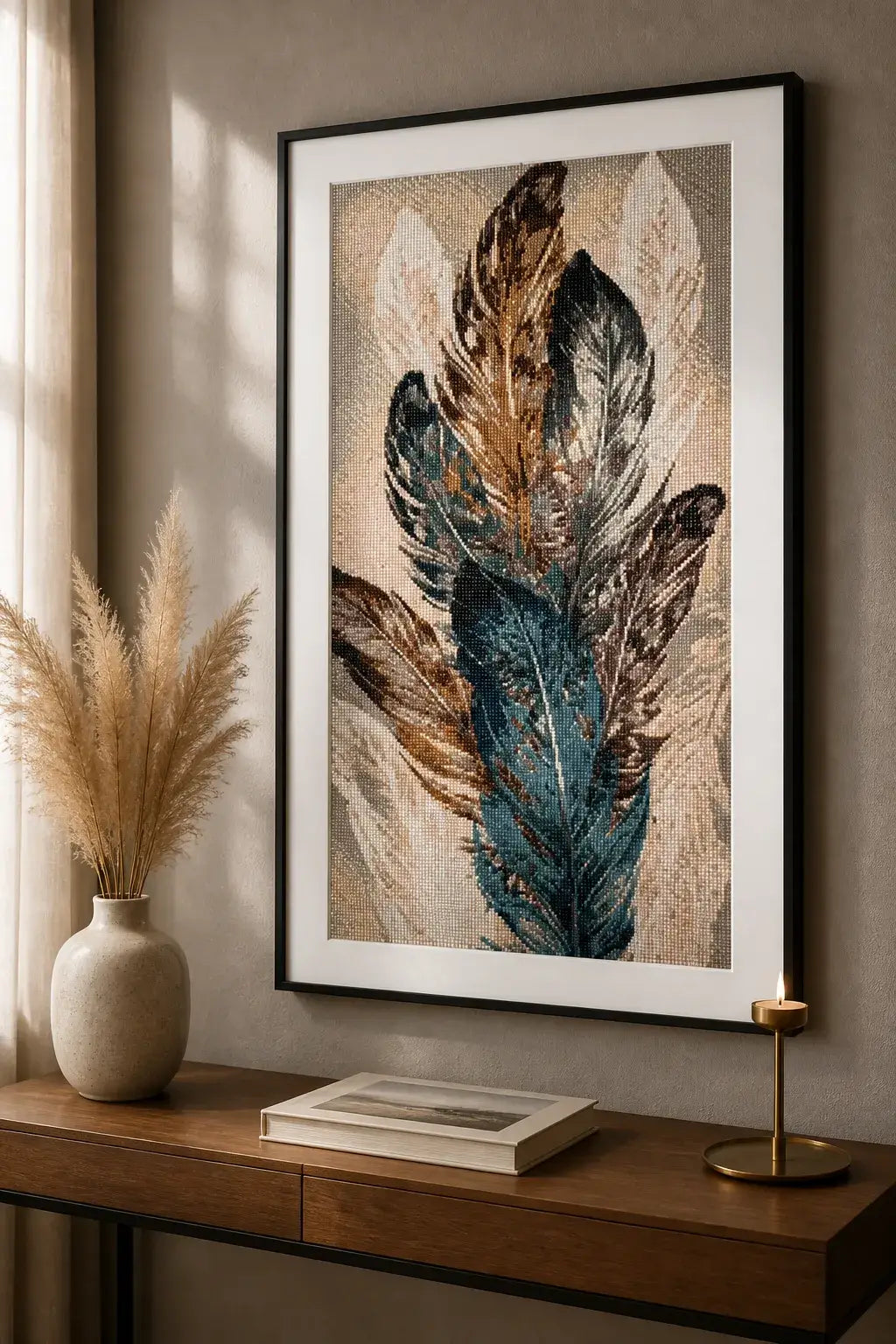 Gathered Feathers Diamond Painting featuring earthy tones and a textured feather design in a stylish home setting.