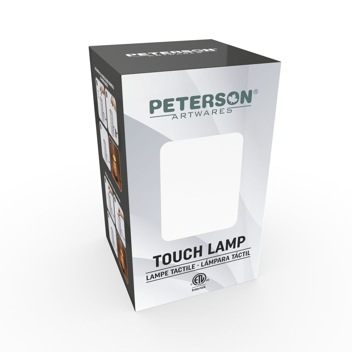 Tall white-and-gray rectangular product box with black top, teal 'PETERSON ARTWARES' logo, blank front window cutout and bold 'TOUCH LAMP' text