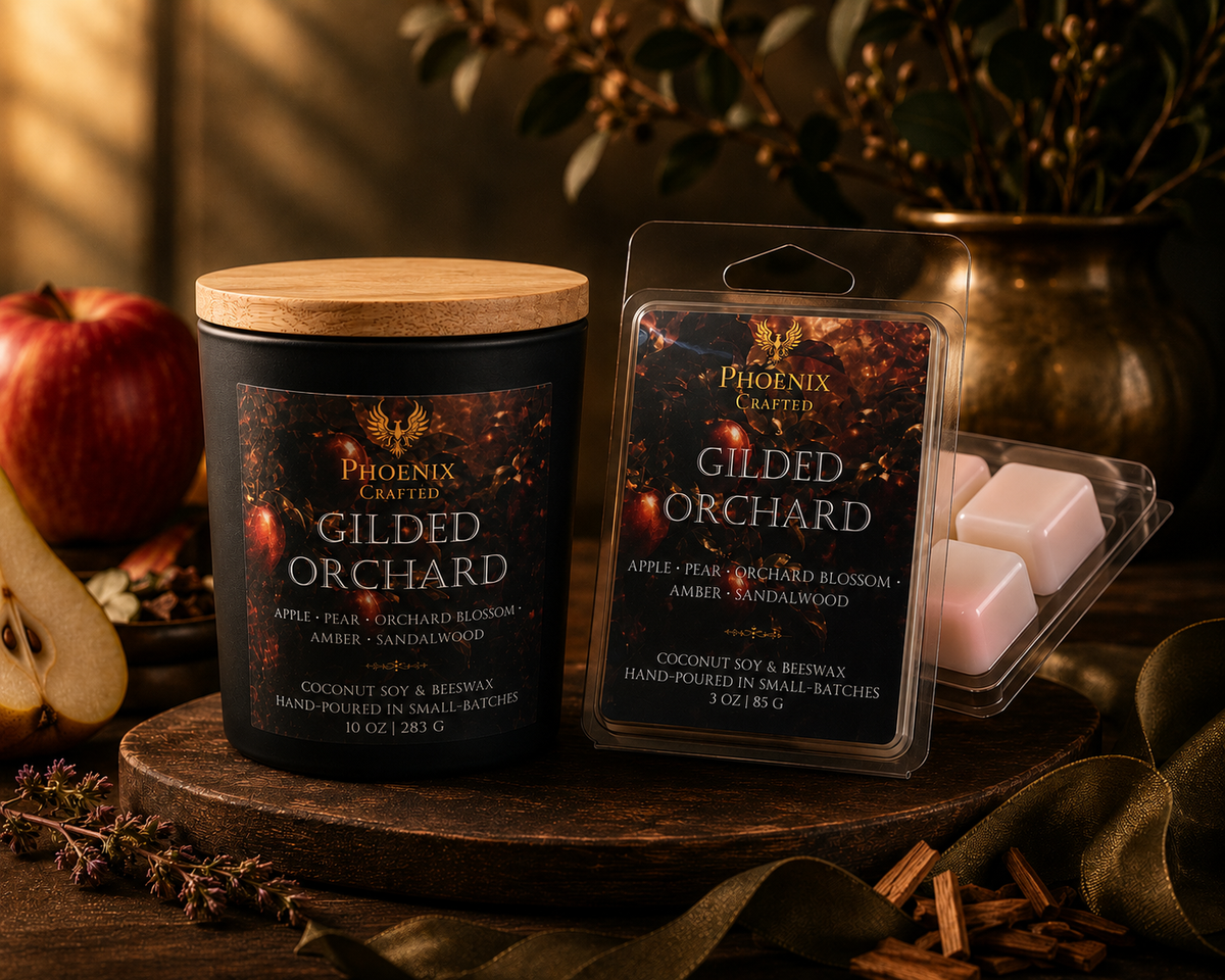 Gilded Orchard candle and matching wax melt gift set by Phoenix Crafted