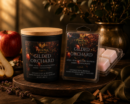 Gilded Orchard candle and matching wax melt gift set by Phoenix Crafted