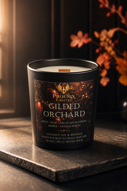 Gilded Orchard 10 oz candle with a wooden wick in a matte black Phoenix Crafted vessel.