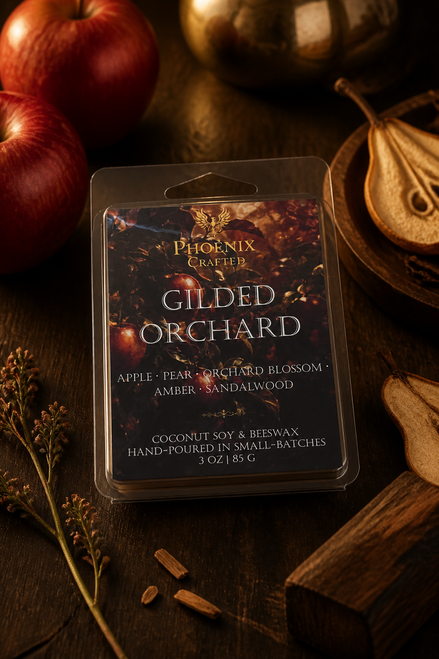 Gilded Orchard wax melts in Phoenix Crafted packaging with apple, pear, amber, and sandalwood styling.