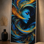 Gilded Serenity Diamond Painting featuring a stylized blue and gold portrait with flowing embellishments.