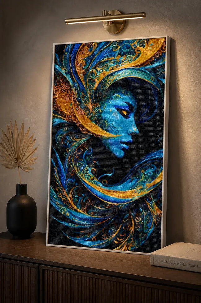 Gilded Serenity Diamond Painting featuring a stylized blue and gold portrait with flowing embellishments.